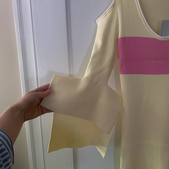 NWT Roland Mouret Yellow Pink Ribbed Scoop Neck Cutout Shoulder Midi Dress sz L - Picture 5 of 14